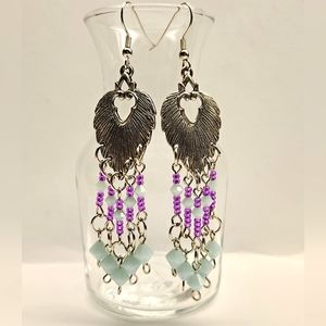 Purple and Green Beaded Chandelier Earrings